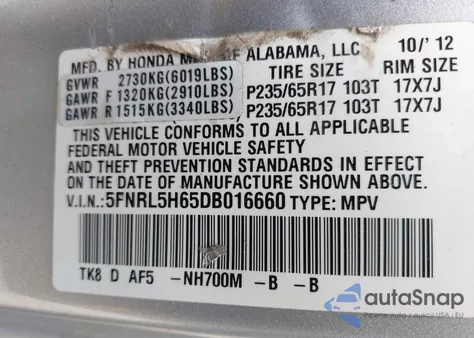 2013 Honda Odyssey Ex-L from USA, damaged, VIN 5FNRL5H65DB016660